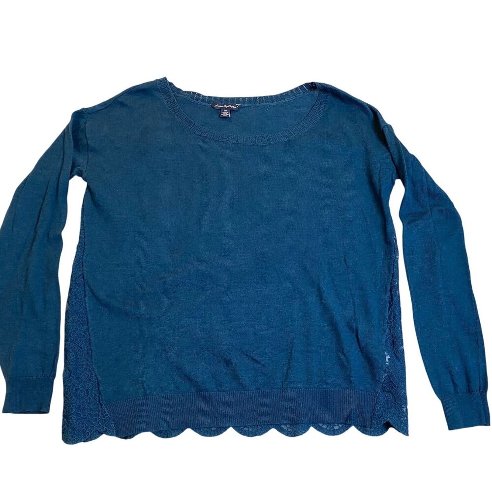 American Eagle Women's Sweater Medium Teal Long Sleeve Whimseygoth With Lace
